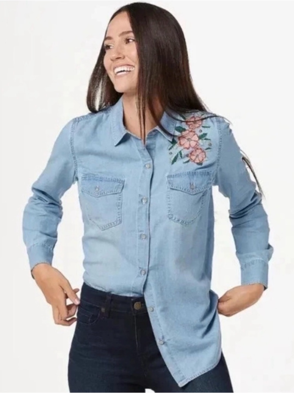 Coastal cowgirl Embroidered Chambray Western Shirt Floral Boho Light Wash 1X